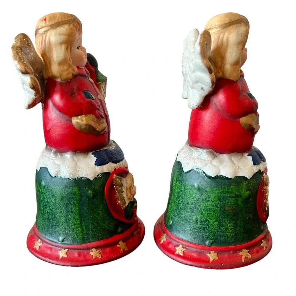 Vintage‎ Christmas Angel Ceramic Welcome Bells Set of 2 Red Green Gold 6.5 Inch